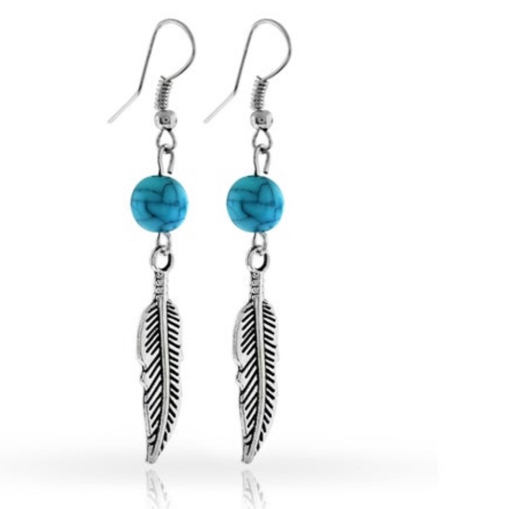 18kt W.Gold Plated Turquoise Feather Drop Earrings